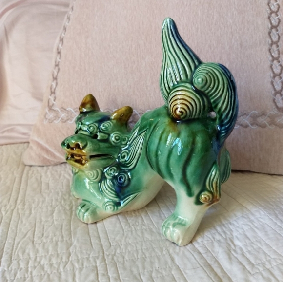 Vintage Majolica Chinese Porcelain Green, Blue & Tan Foo Dog Shishi Lion Statue - Picture 8 of 12